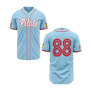 Light blue baseball jersey with 'Pilots' and number '88' on a white background