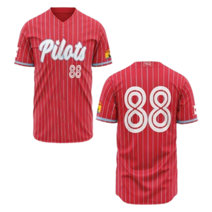 Red baseball jersey with 'Pilots' and number '88' on a white background