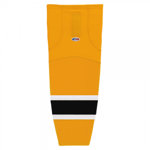 Yellow hockey sock with black and white stripe on a white background
