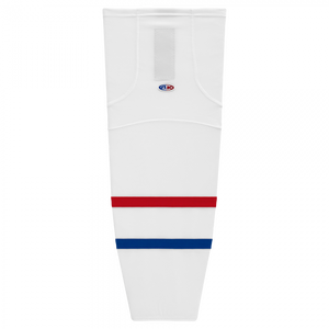 White shin guard with red and blue stripes on a white background