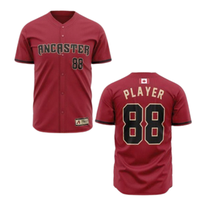 Red baseball jersey with 'Ancaster' and number '88' on a white background