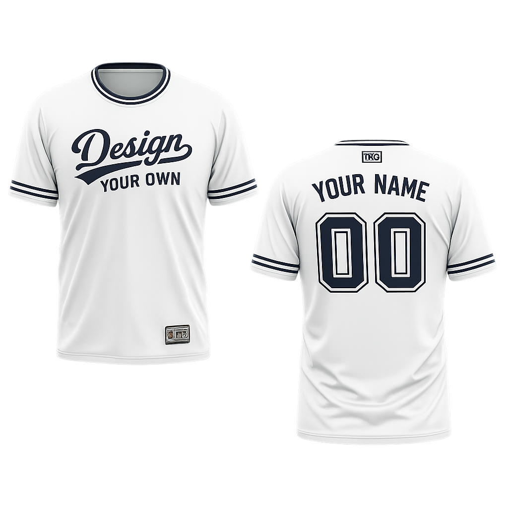 White sports jersey with customizable text on a white background