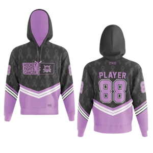 Black and purple hockey hoodie with 'Hockey Fights Cancer' logo and player number on a white background