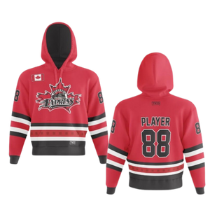Red hoodie with hockey-themed design, including a logo and number '88'.