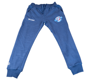 Blue sweatpants with a drawstring waist, ribbed cuffs, and embroidered logos on the left thigh and upper left leg, shown against a solid green background.