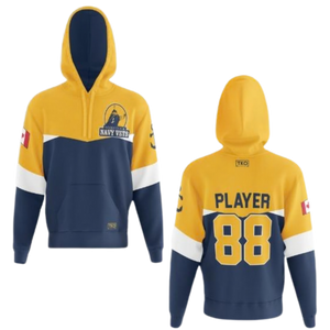 Woodstock Navy vet hoodie, Yellow and navy blue 'Player 88' and logo on a white background