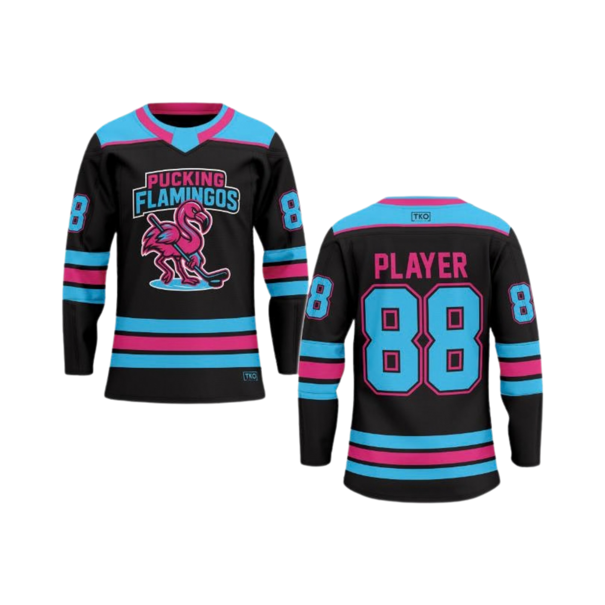 Black hockey jersey with blue and pink accents featuring 'Pucking Flamingos' logo on a white background.