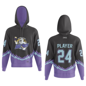 Gray hoodie with purple accents and sports team logo on a white background