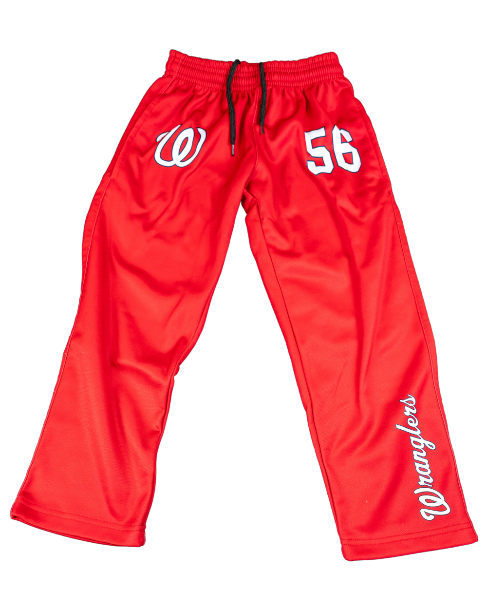 Red athletic pants with white printed graphics, including a large 'W' on one leg, the number '56' on the other, and 'Wranglers' printed down the side, shown against a plain white background.