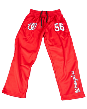Red athletic pants with white printed graphics, including a large 'W' on one leg, the number '56' on the other, and 'Wranglers' printed down the side, shown against a plain white background.