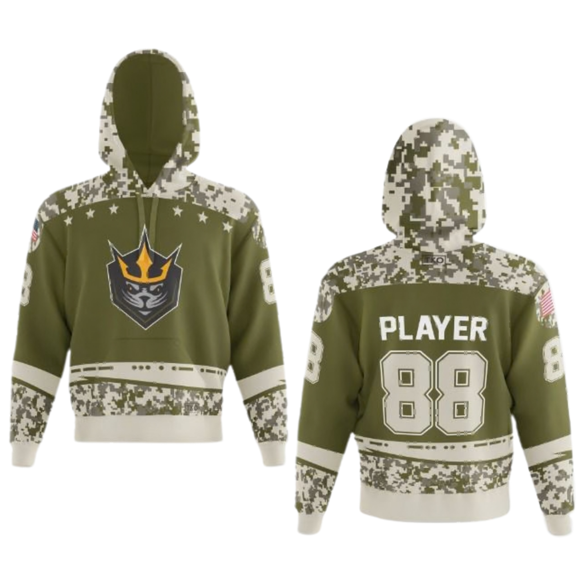 Green hoodie with camouflage patterns on a white background