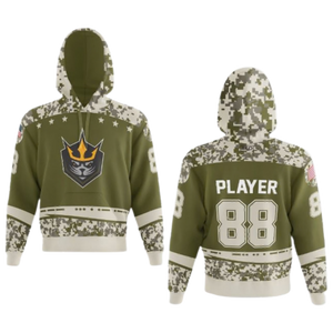 Green hoodie with camouflage patterns on a white background