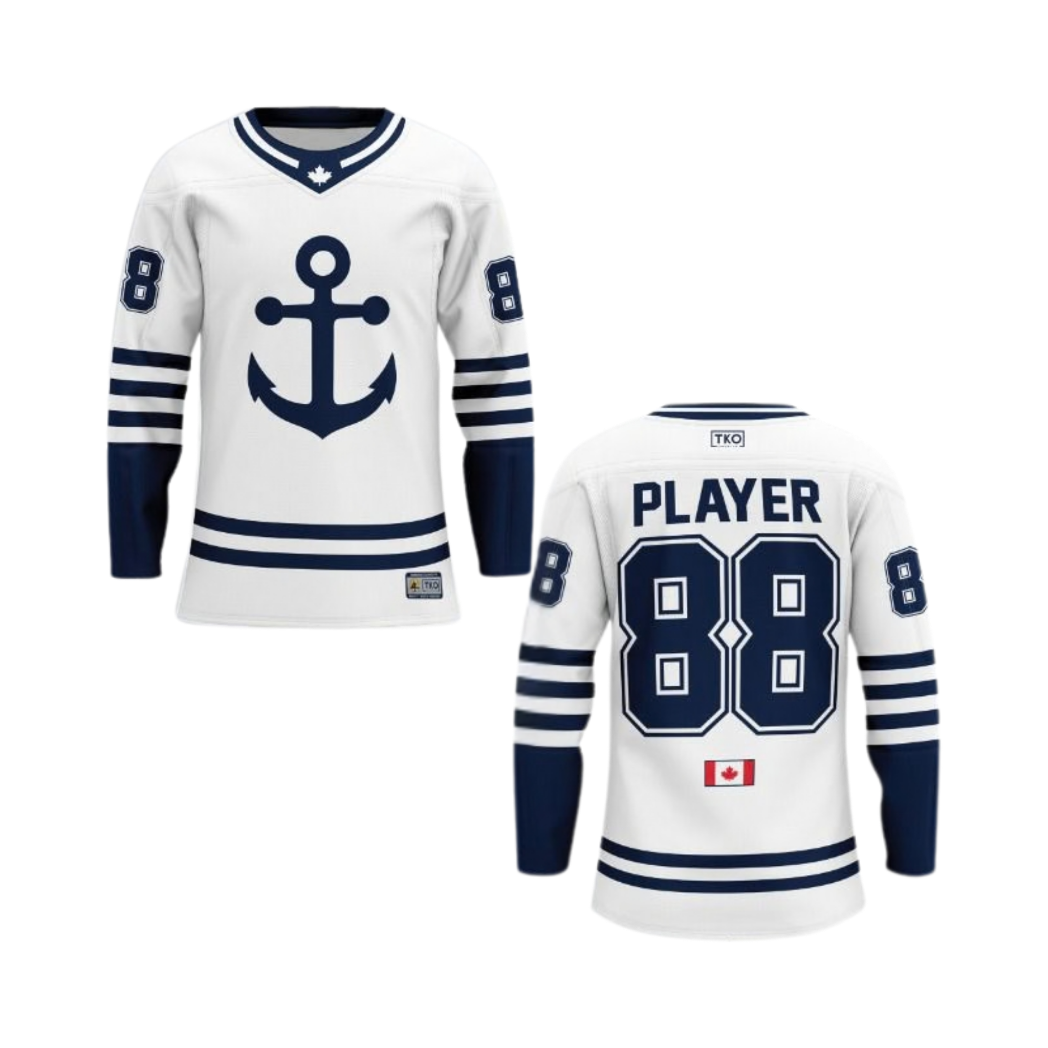 White hockey jersey with blue accents and anchor design on a white background