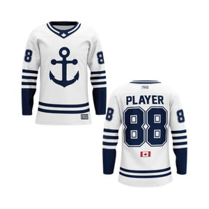 White hockey jersey with blue accents and anchor design on a white background