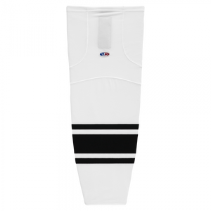 White hockey sock with black stripes on a white background