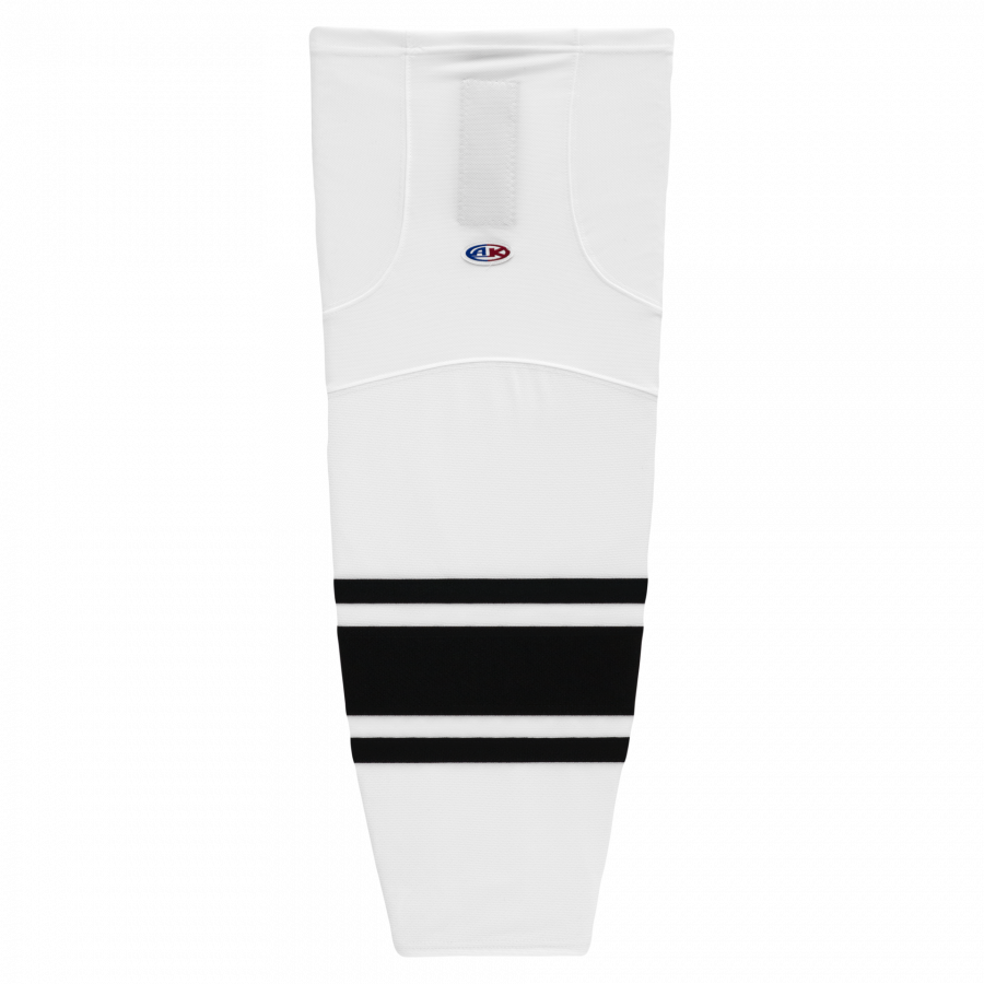 White hockey sock with black stripes on a white background