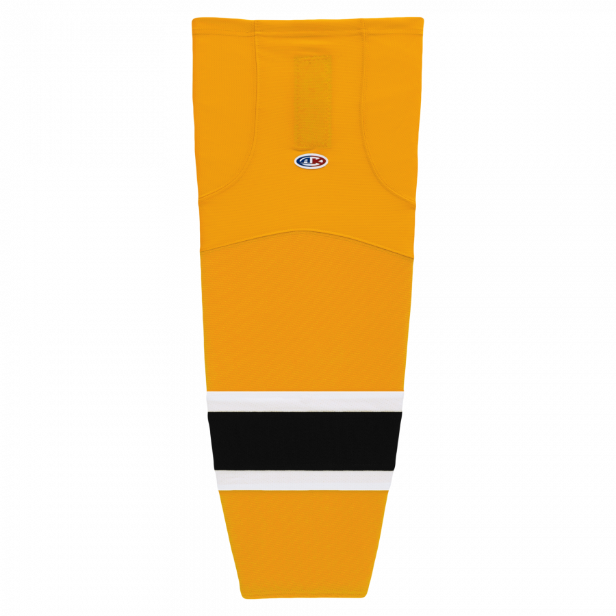 Yellow hockey sock with black and white stripe on a white background