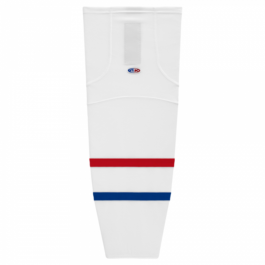 White shin guard with red and blue stripes on a white background