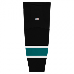 Black hockey sock with teal and white stripes on a white background