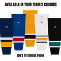 Colorful hockey socks with team logo and text 'Available in your team's colours' on a white background.