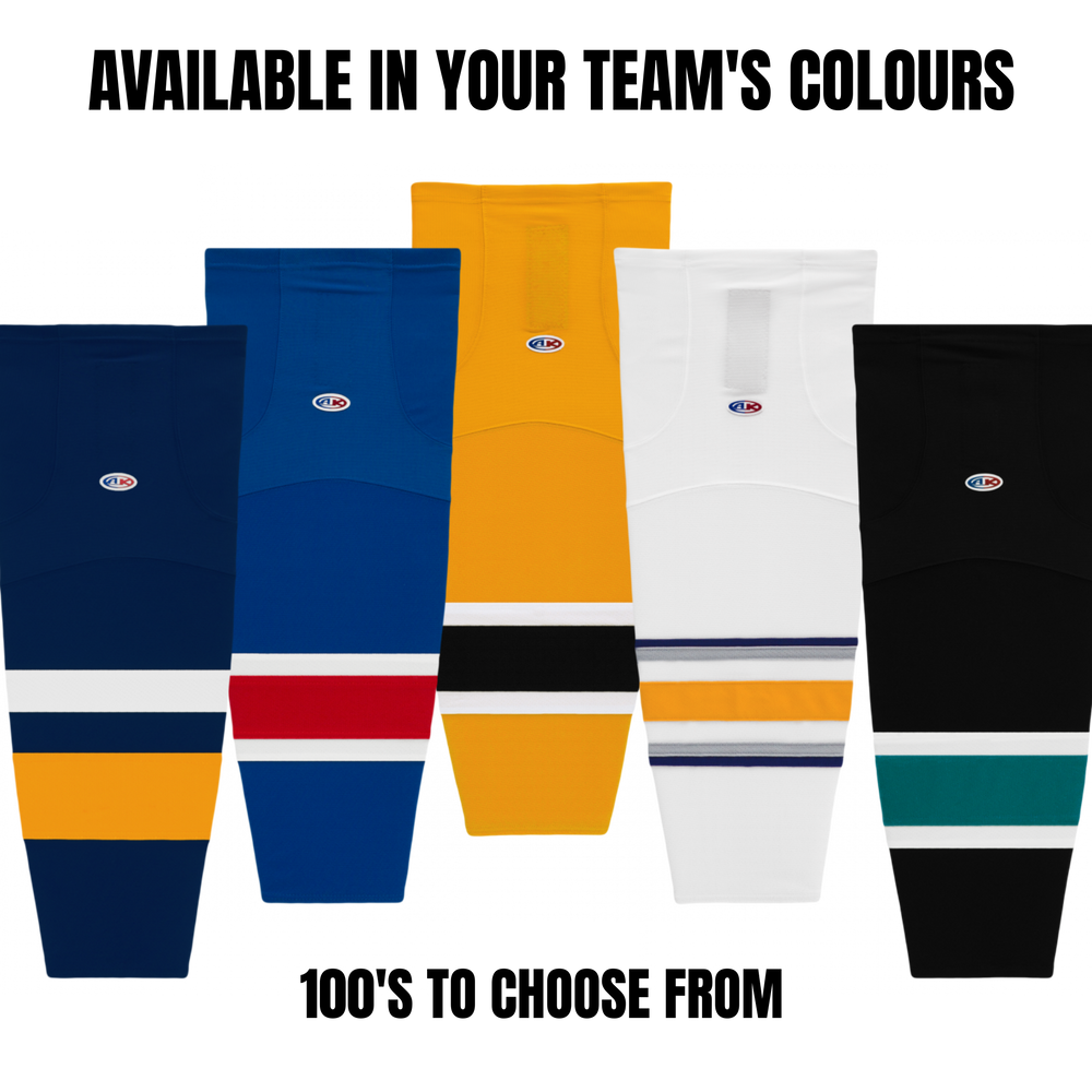 Colorful hockey socks with team logo and text 'Available in your team's colours' on a white background.