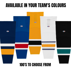 Colorful hockey socks with team logo and text 'Available in your team's colours' on a white background.