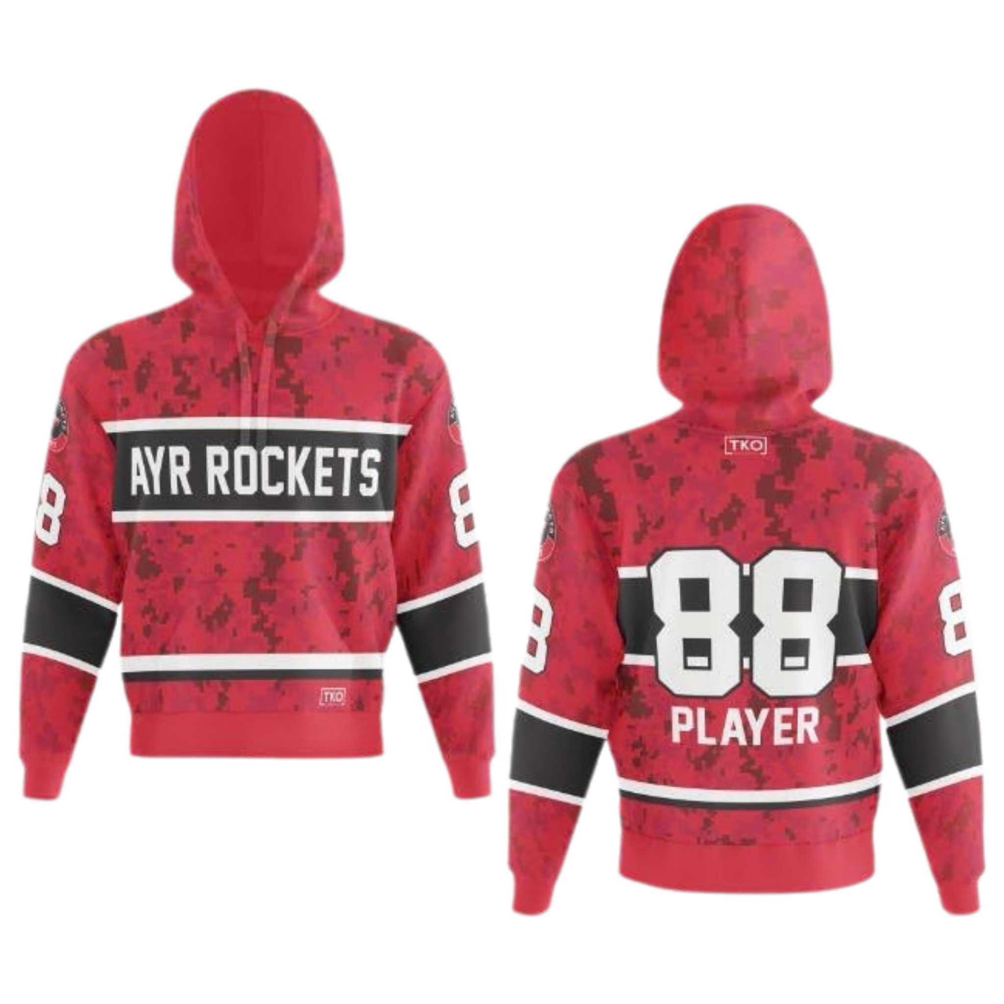 Red hoodie with 'AYR ROCKETS' and '88 PLAYER' text on a white background