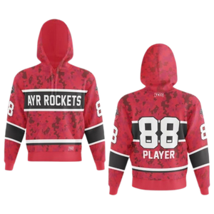 Red hoodie with 'AYR ROCKETS' and '88 PLAYER' text on a white background