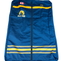 A blue zippered garment bag featuring yellow reflective stripes, a Canadian flag patch, and the Vancouver Canucks logo on the front, set against a plain white background.