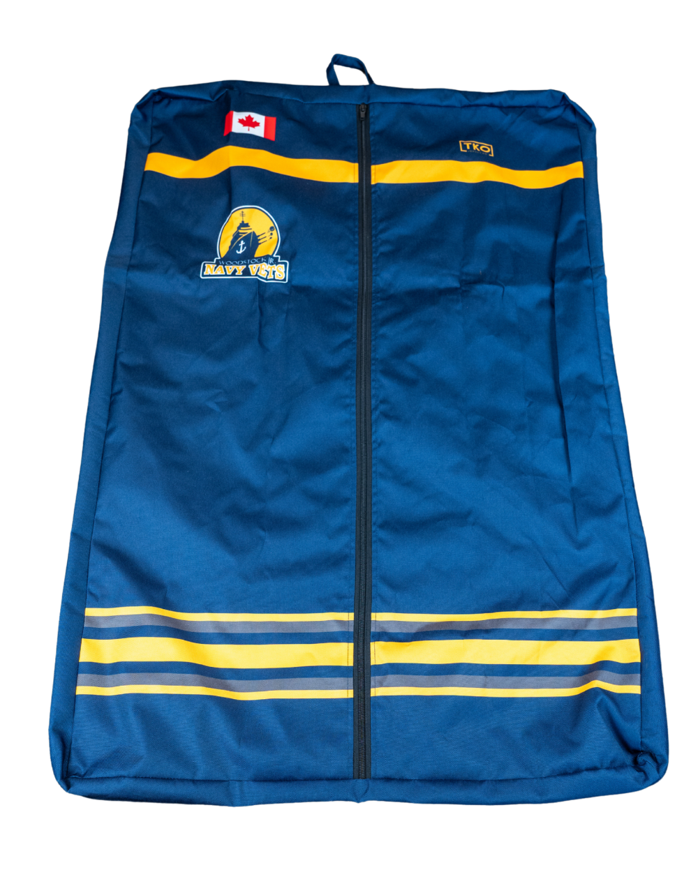 A blue zippered garment bag featuring yellow reflective stripes, a Canadian flag patch, and the Vancouver Canucks logo on the front, set against a plain white background.