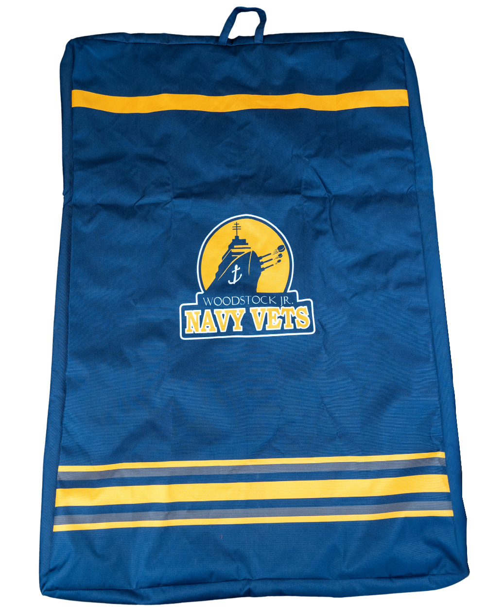 Custom garment bag in your team colours, with your logo. Keeps game jerseys hanging, wrinkle-free, and off the dressing room floor.
