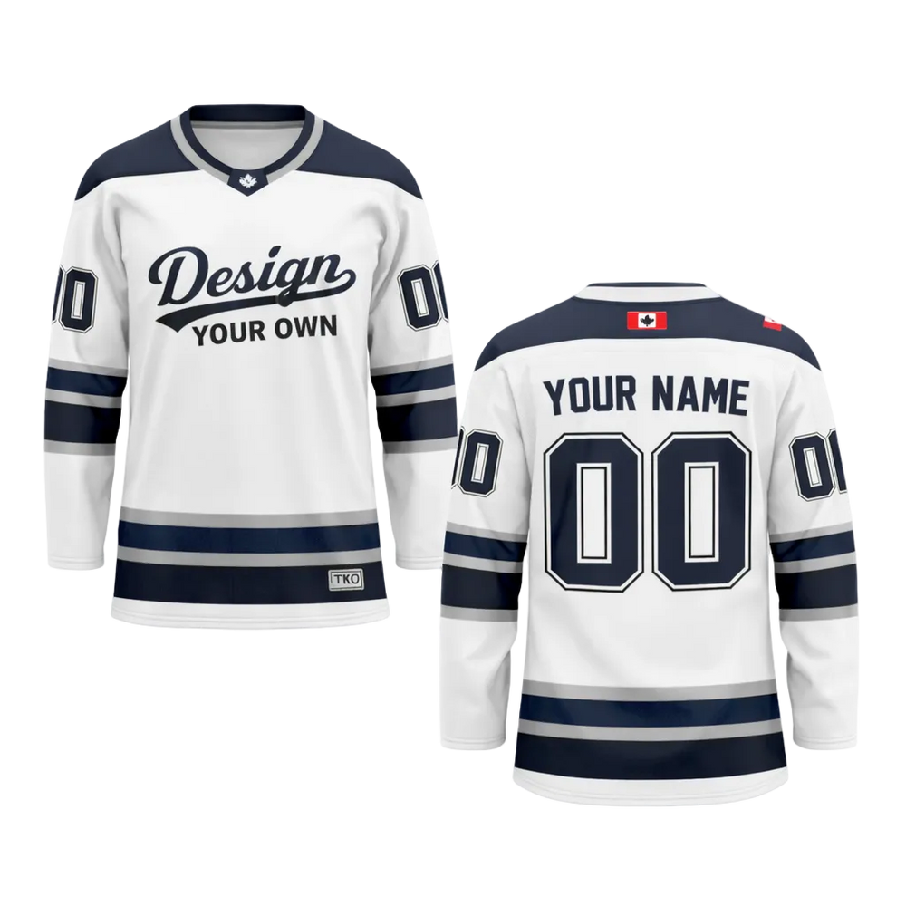 Customizable hockey jersey with 'Design Your Own' text on a white background
