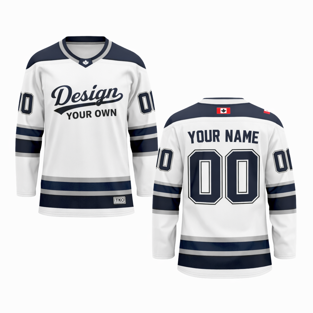 Customizable hockey jersey with 'Design Your Own' text on a white background