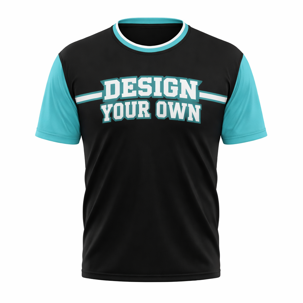 Black t-shirt with teal sleeves and 'Design Your Own' text on a white background