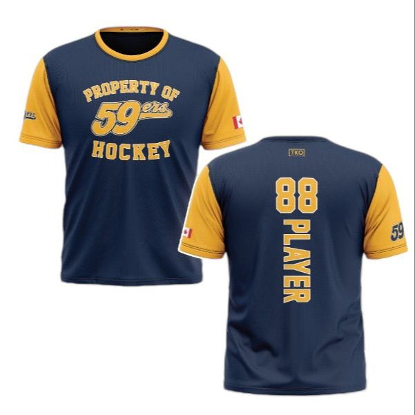 Navy and yellow hockey jersey with 'Property of 59 Hockey' text on a white background