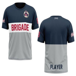 Navy and gray sports jersey with 'BRIGADE' text on a white background