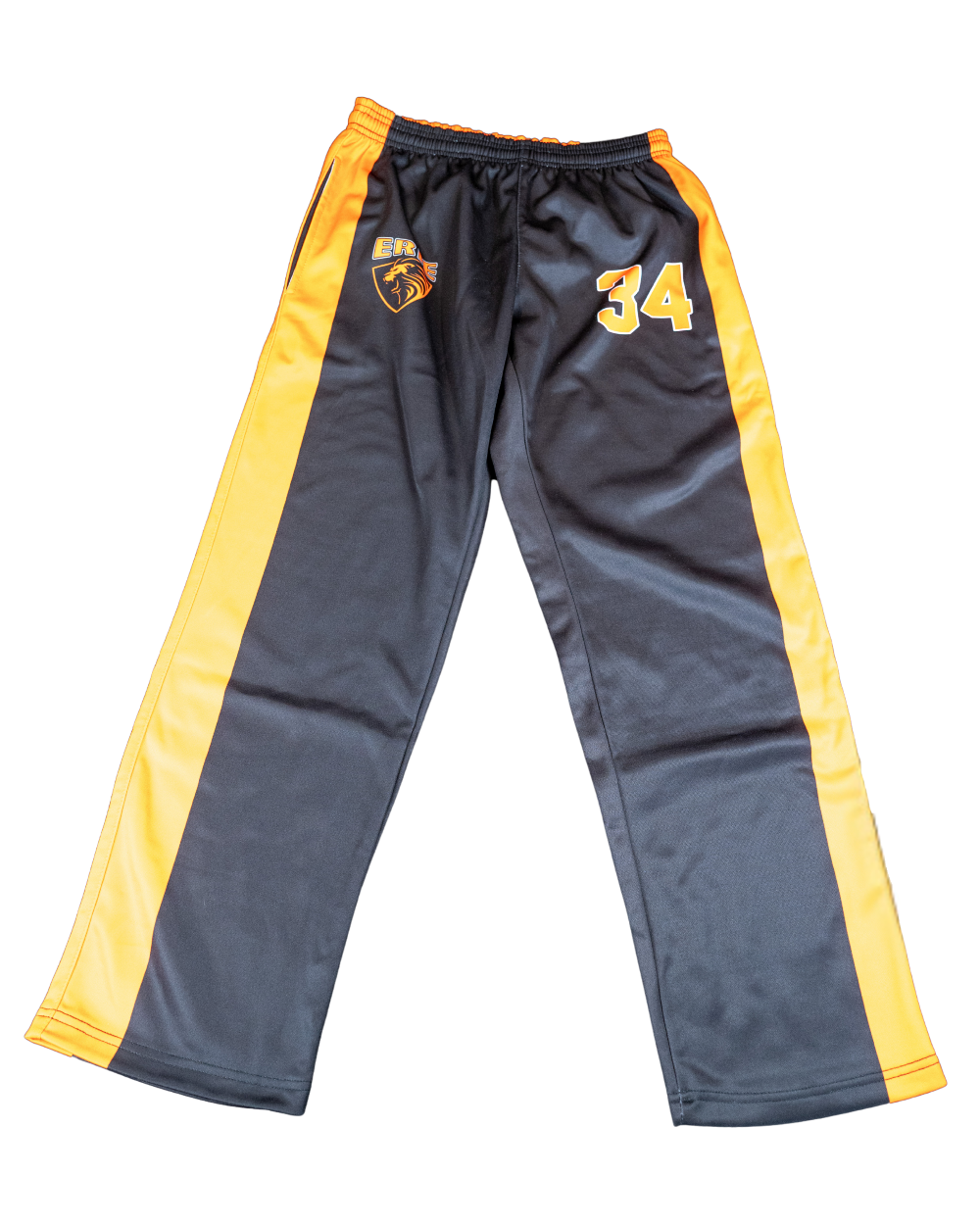 A pair of athletic track pants in dark gray and yellow, featuring a drawstring waist, side stripes, a team crest on the left thigh, and the number 34 on the right thigh.