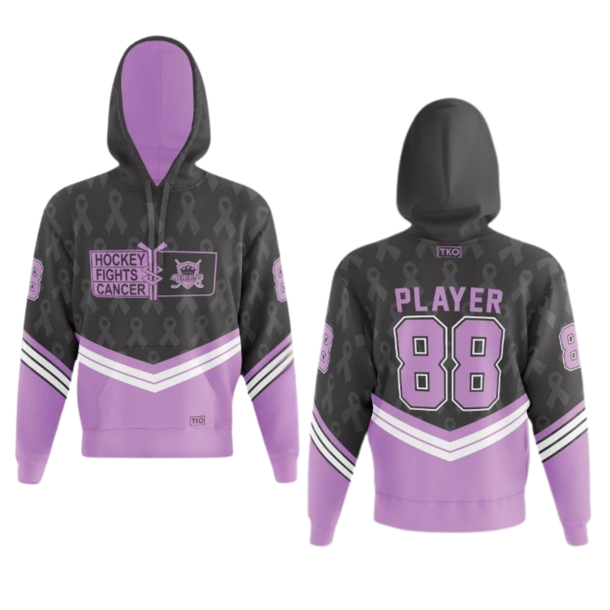 Black and purple hockey hoodie with 'Hockey Fights Cancer' logo and player number on a white background