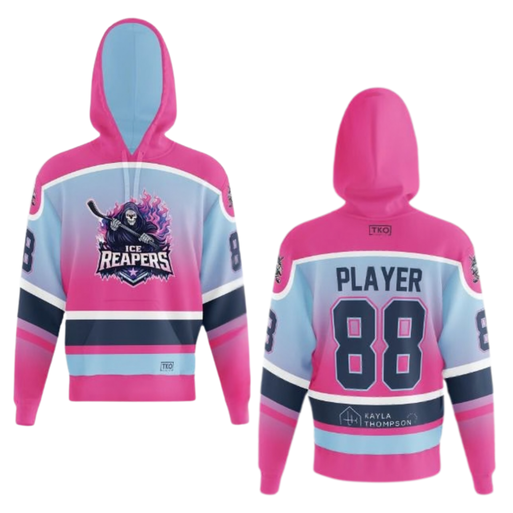 Pink and blue hoodie with 'Ice Reapers' logo and 'Player 88' text on a white background