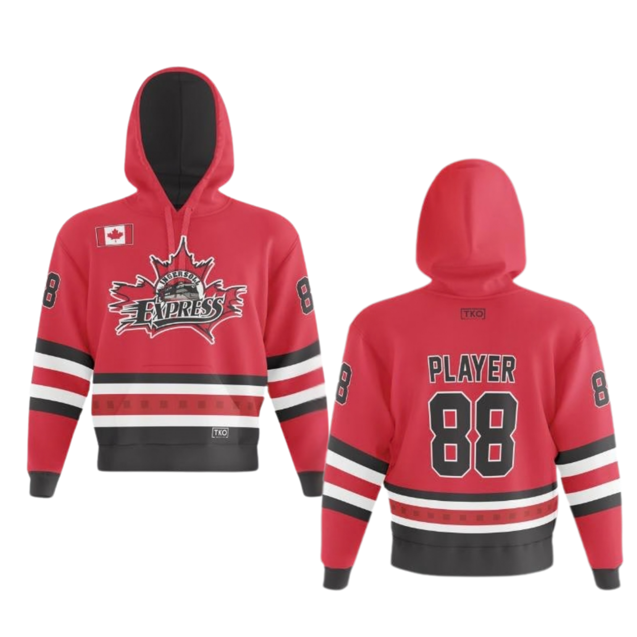 Red hoodie with hockey-themed design, including a logo and number '88'.