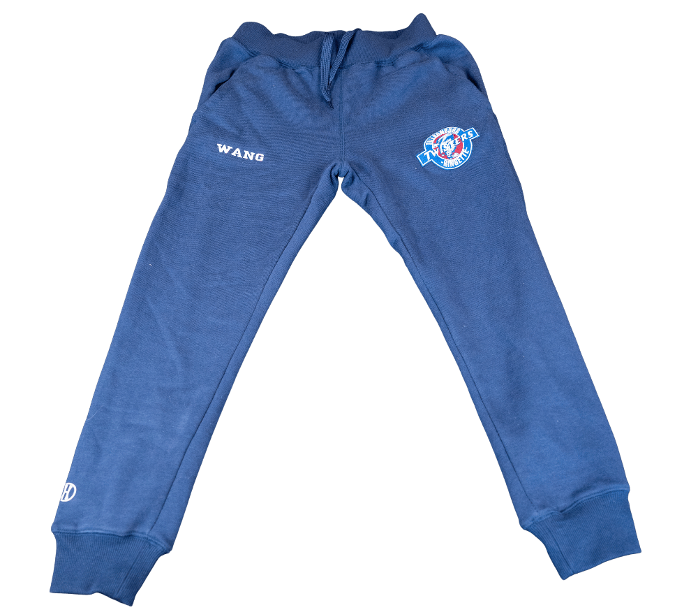 Blue sweatpants with a drawstring waist, ribbed cuffs, and embroidered logos on the left thigh and upper left leg, shown against a solid green background.
