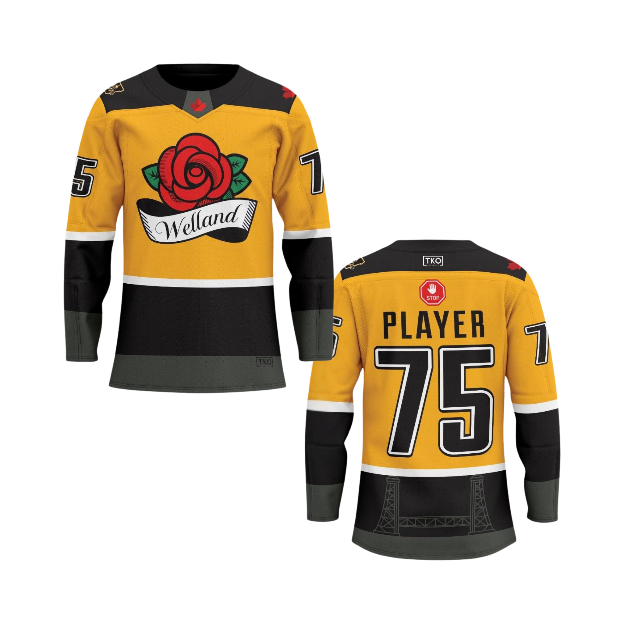 Welland Yellow hockey jersey with black accents and a red rose logo on a white background