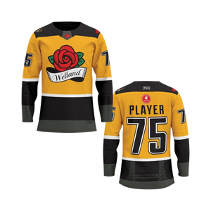 Welland Yellow hockey jersey with black accents and a red rose logo on a white background