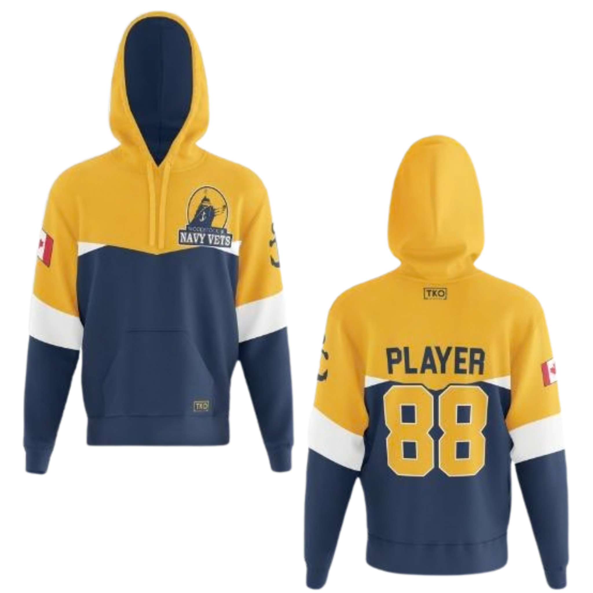 Woodstock Navy vet hoodie, Yellow and navy blue 'Player 88' and logo on a white background