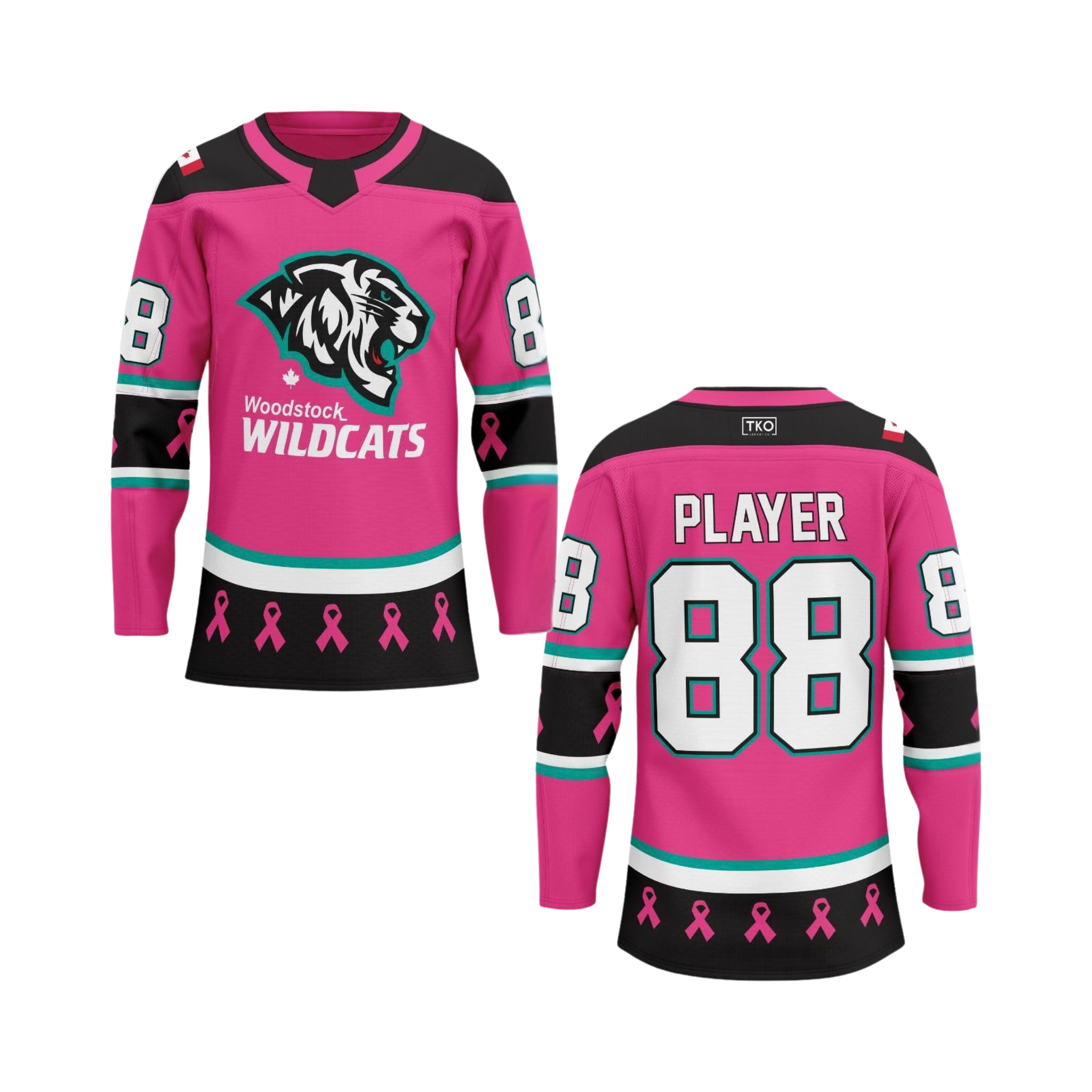 Pink hockey jersey with 'Woodstock Wildcats' logo and breast cancer awareness ribbons on a white background