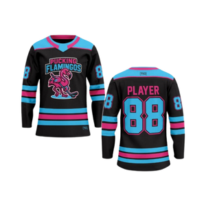 Black hockey jersey with blue and pink accents featuring 'Pucking Flamingos' logo on a white background.