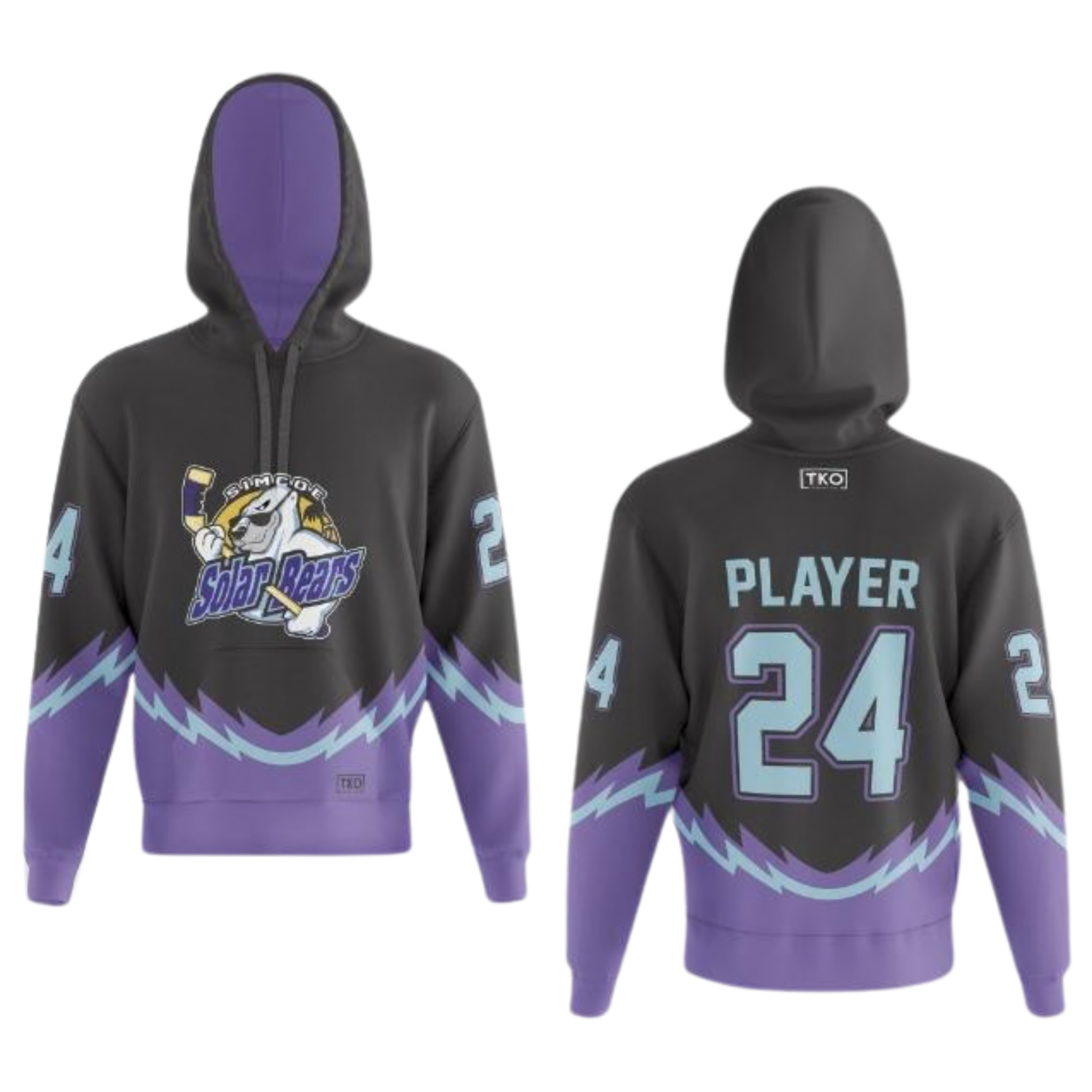 Gray hoodie with purple accents and sports team logo on a white background